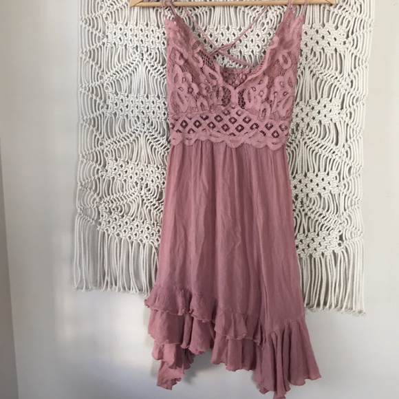 Free People boho Gypsy flowy pink lace mini dress sz Small - Picture 3 of 11
